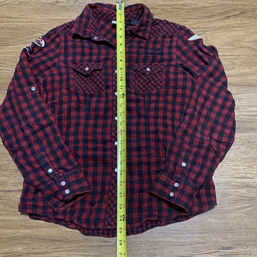 Harley Davidson Women M Red Black Plaid Snap Button Down Corset Tie Back Shirt - Picture 6 of 8
